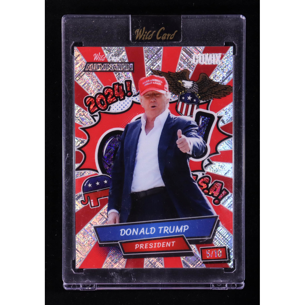 Donald Trump 2024 Wild Card Alumination Comix GOP! Red Shimmer Silver #DT2 #5/10 at PristineAuction.com
