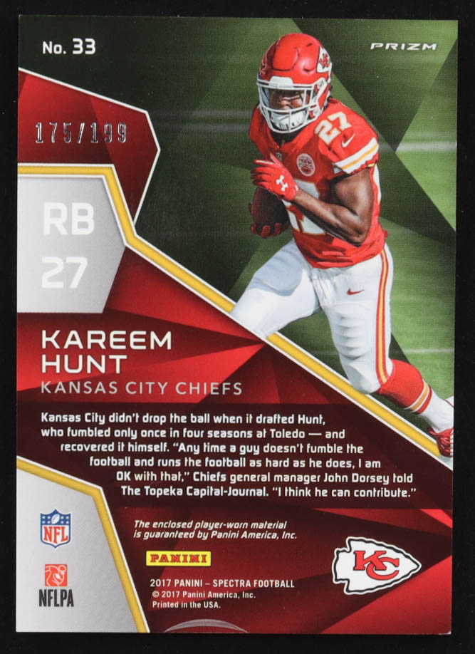 Kareem Hunt 2017 Panini Spectra Monumental Memorabilia #33 #175/199 at PristineAuction.com Kareem Hunt 2017 Panini Spectra Monumental Memorabilia #33 #175/199 at PristineAuction.com