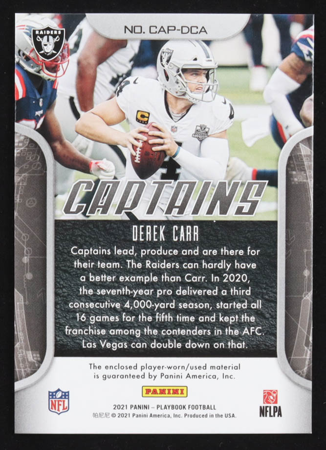 Derek Carr 2021 Panini Playbook Captains Jerseys #2 at PristineAuction.com Derek Carr 2021 Panini Playbook Captains Jerseys #2 at PristineAuction.com