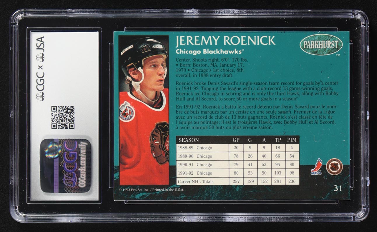 Jeremy Roenick Signed 1992-93 Parkhurst #31 (CGC | Autograph Graded CGC 9) at PristineAuction.com Jeremy Roenick Signed 1992-93 Parkhurst #31 (CGC | Autograph Graded CGC 9) at PristineAuction.com