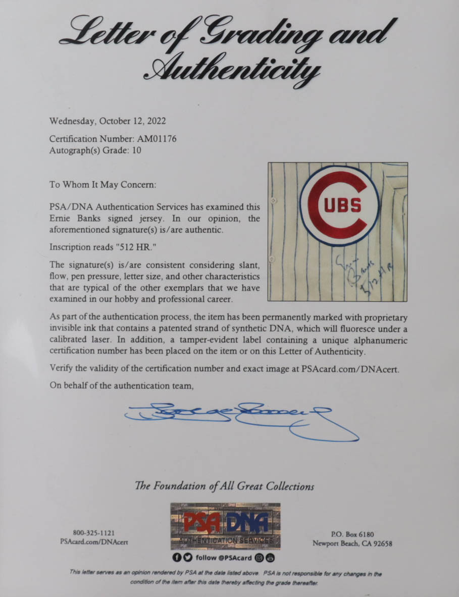 Ernie Banks Signed Cubs Mitchell & Ness Authentic Jersey Inscribed "512 HR" (PSA) at PristineAuction.com Ernie Banks Signed Cubs Mitchell & Ness Authentic Jersey Inscribed "512 HR" (PSA) at PristineAuction.com