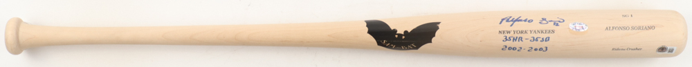 Alfonso Soriano Signed Sam Bat Player Model Baseball Bat Inscribed "35HR-35SB" & "2002-2003" (Beckett) at PristineAuction.com Alfonso Soriano Signed Sam Bat Player Model Baseball Bat Inscribed "35HR-35SB" & "2002-2003" (Beckett) at PristineAuction.com