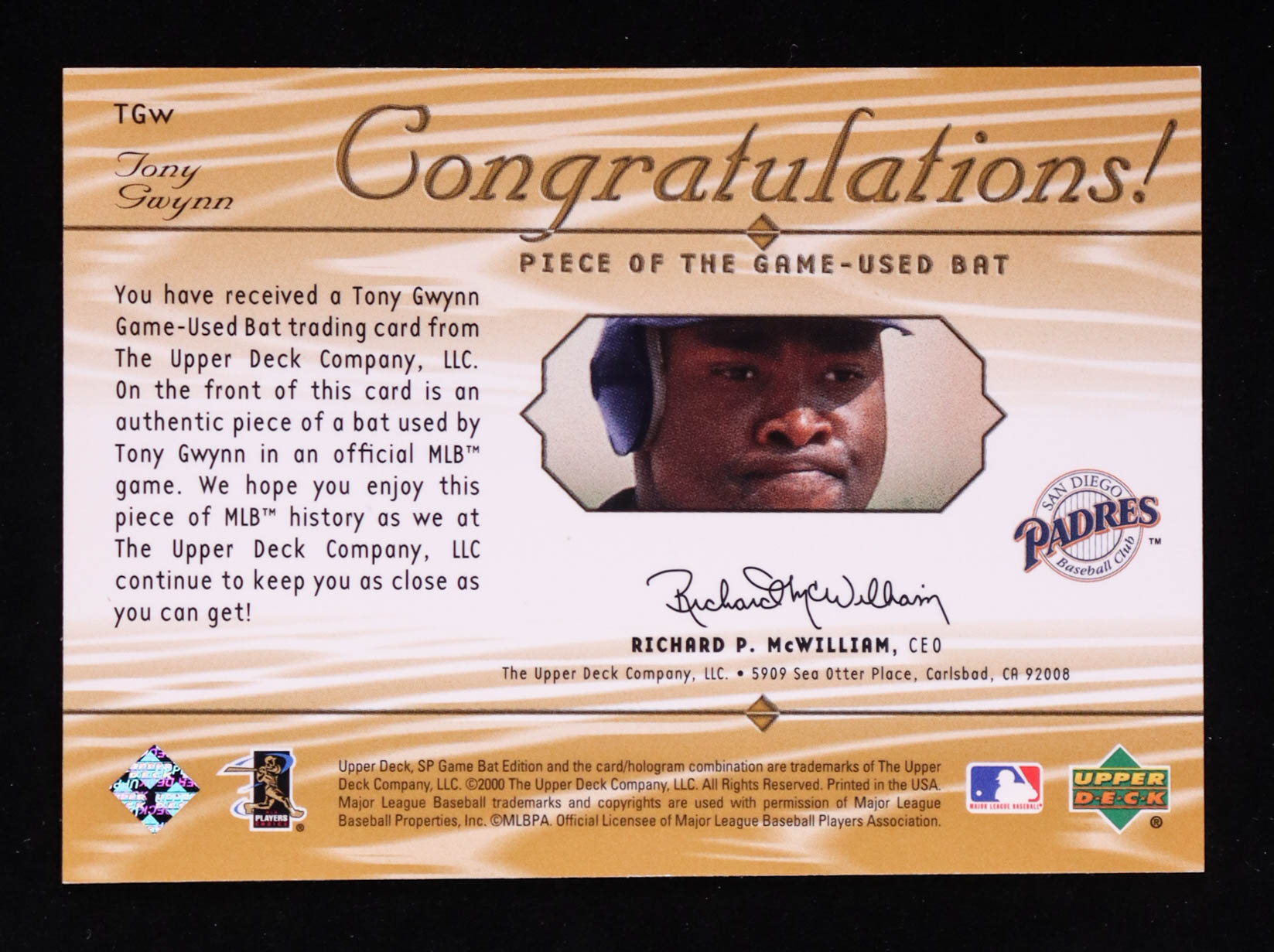 Tony Gwynn 2001 SP Game Bat Edition Piece of the Game #TGW at PristineAuction.com Tony Gwynn 2001 SP Game Bat Edition Piece of the Game #TGW at PristineAuction.com