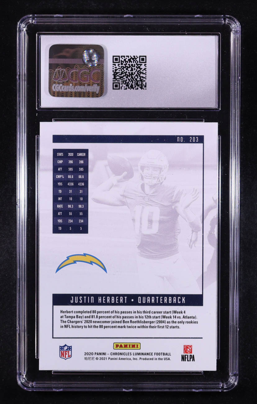 Justin Herbert 2020 Panini Chronicles Luminance #203 RC (CGC 9.5) at PristineAuction.com Justin Herbert 2020 Panini Chronicles Luminance #203 RC (CGC 9.5) at PristineAuction.com