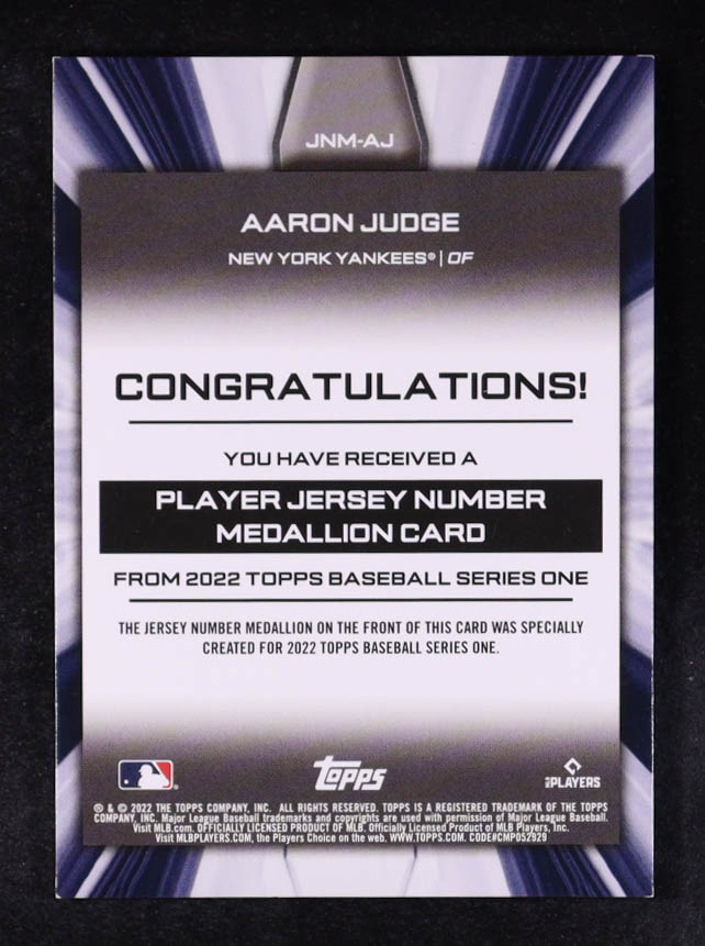 Aaron Judge 2022 Topps Commemorative Player Jersey Number Medallions #JNMAJ at PristineAuction.com Aaron Judge 2022 Topps Commemorative Player Jersey Number Medallions #JNMAJ at PristineAuction.com