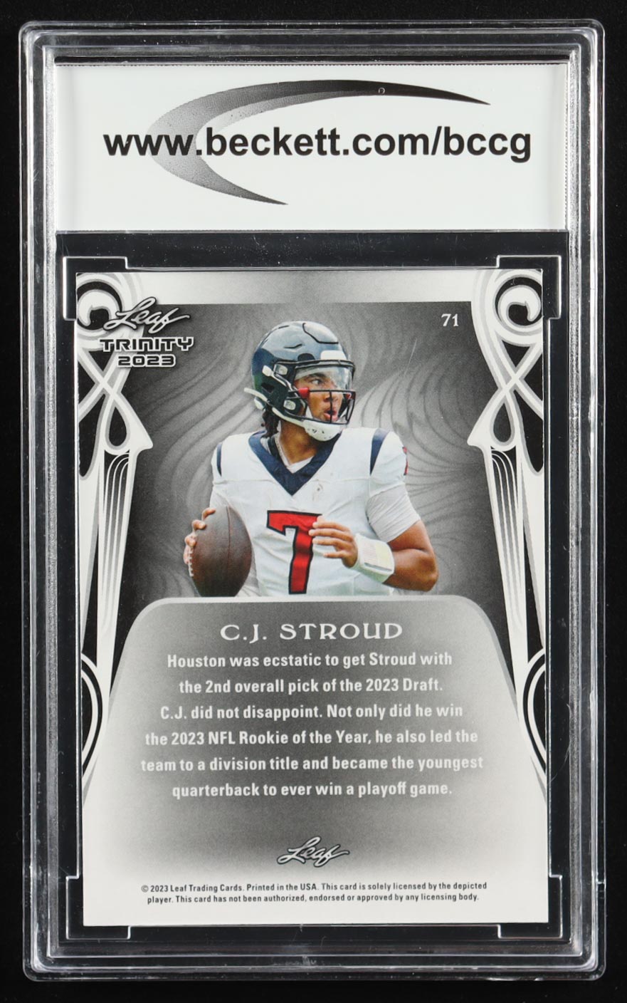 CJ Stroud 2023 Leaf Trinity Mega Box #71 RC (BCCG 10) at PristineAuction.com CJ Stroud 2023 Leaf Trinity Mega Box #71 RC (BCCG 10) at PristineAuction.com