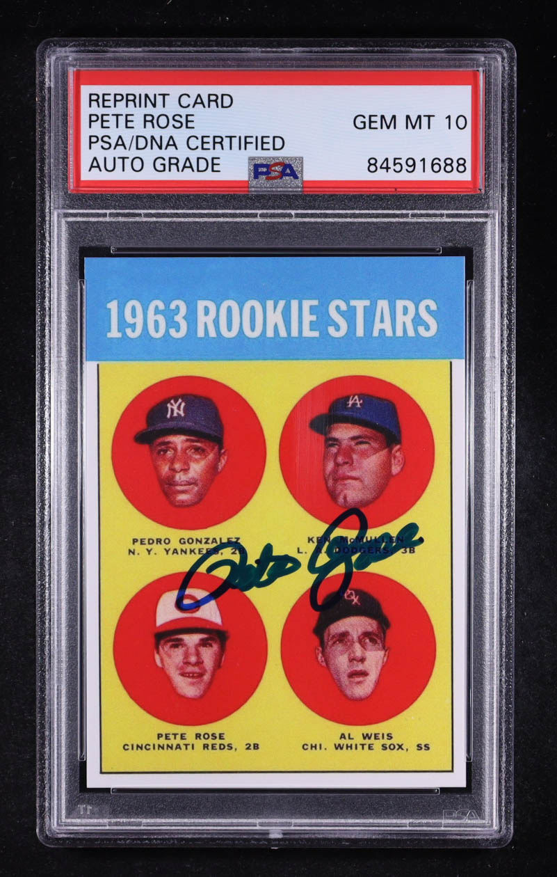 Pete Rose Signed 1963 Topps Rookie Stars Reprint #537 RC (PSA | Autograph Graded PSA 10) at PristineAuction.com Pete Rose Signed 1963 Topps Rookie Stars Reprint #537 RC (PSA | Autograph Graded PSA 10) at PristineAuction.com