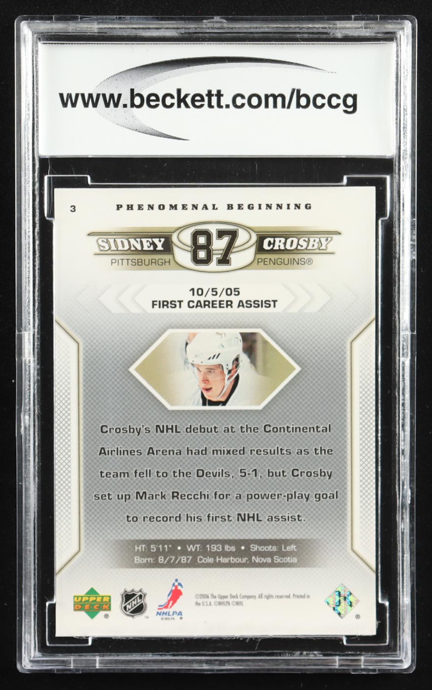 Sidney Crosby 2005-06 Upper Deck Phenomenal Beginnings #3 RC (BCCG 10) at PristineAuction.com Sidney Crosby 2005-06 Upper Deck Phenomenal Beginnings #3 RC (BCCG 10) at PristineAuction.com