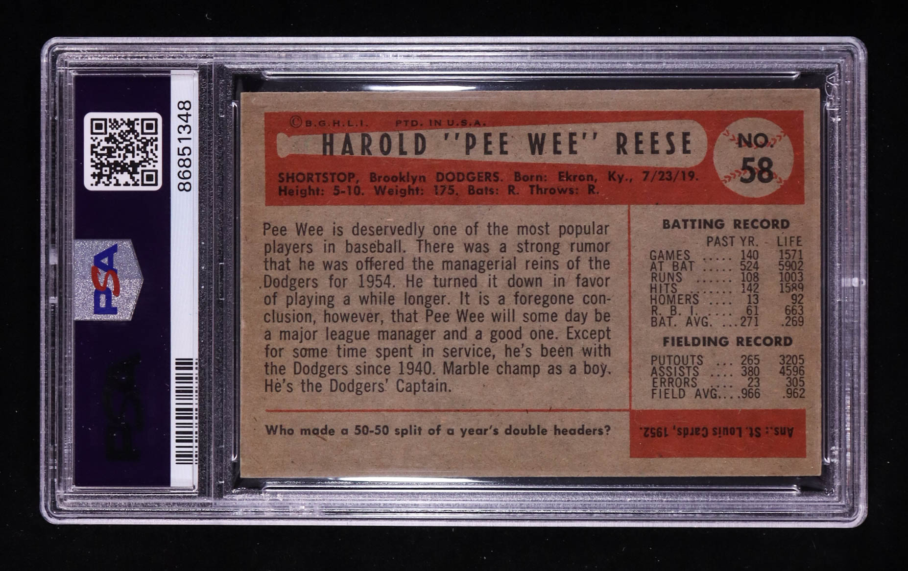 Pee Wee Reese 1954 Bowman #58 (PSA 5.5) at PristineAuction.com Pee Wee Reese 1954 Bowman #58 (PSA 5.5) at PristineAuction.com