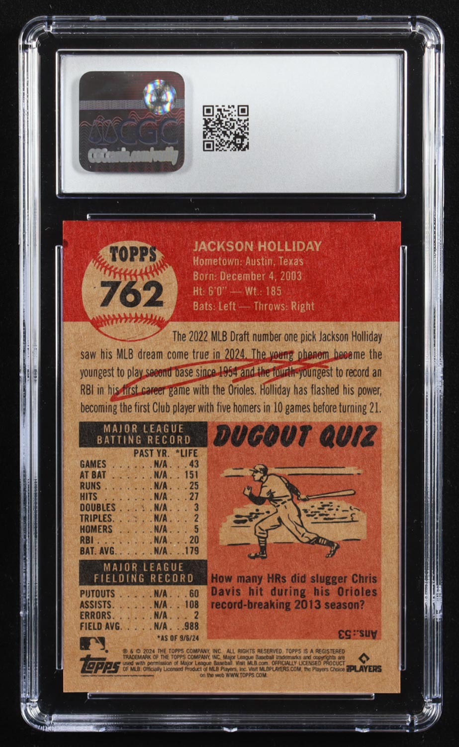 Jackson Holliday 2024 Topps Living Set #762 RC (CGC 10) at PristineAuction.com Jackson Holliday 2024 Topps Living Set #762 RC (CGC 10) at PristineAuction.com