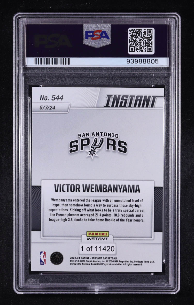 Victor Wembanyama 2023 Panini Instant Impact #544 RC #1/11420 (PSA 10) at PristineAuction.com Victor Wembanyama 2023 Panini Instant Impact #544 RC #1/11420 (PSA 10) at PristineAuction.com