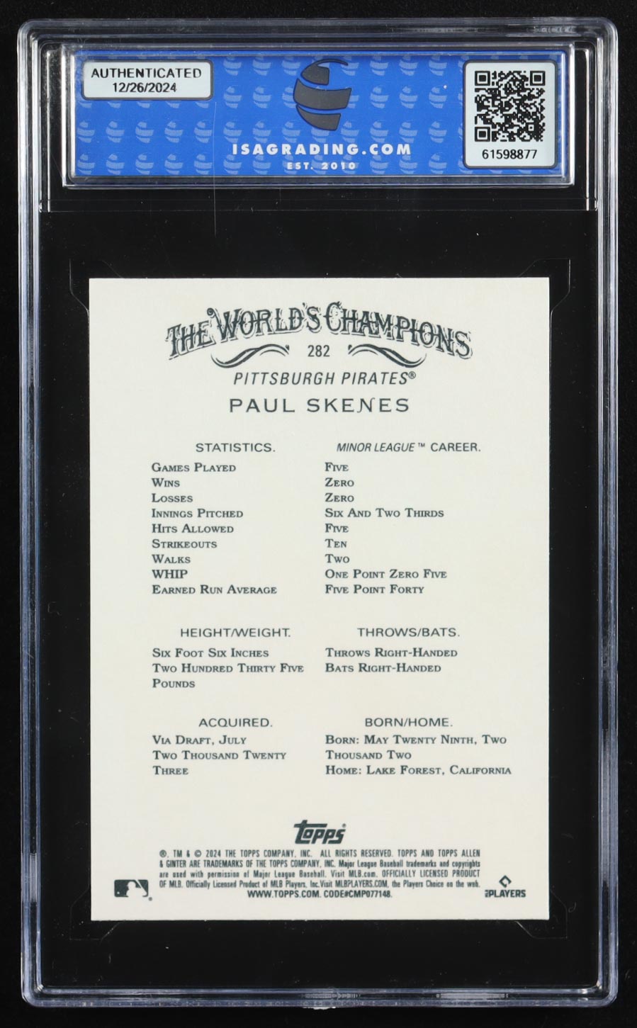 Paul Skenes 2024 Topps Allen and Ginter #282 RC (ISA 10) at PristineAuction.com Paul Skenes 2024 Topps Allen and Ginter #282 RC (ISA 10) at PristineAuction.com