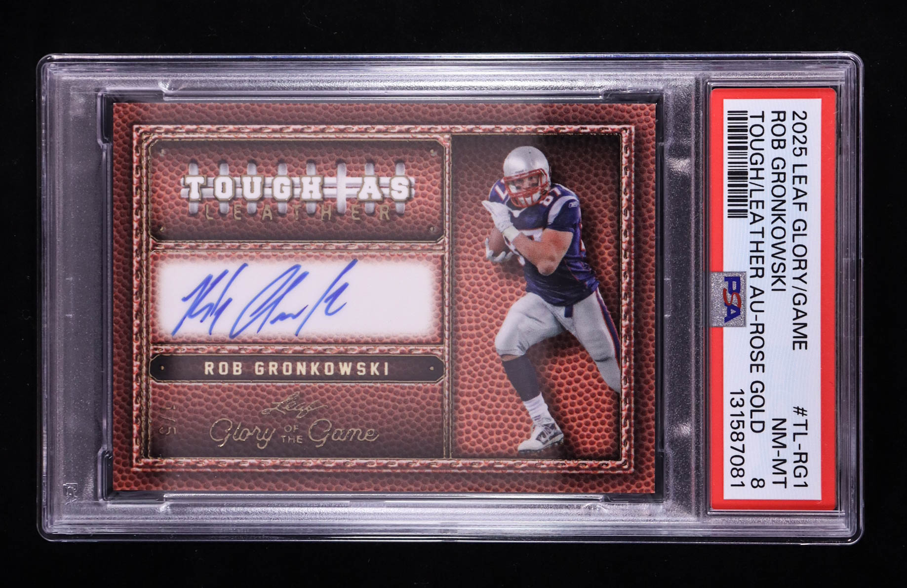 Rob Gronkowski 2025 Leaf Glory of the Game Tough As Leather Autographs Rose Gold #TLRG1 #1/5 (PSA 8) at PristineAuction.com Rob Gronkowski 2025 Leaf Glory of the Game Tough As Leather Autographs Rose Gold #TLRG1 #1/5 (PSA 8) at PristineAuction.com