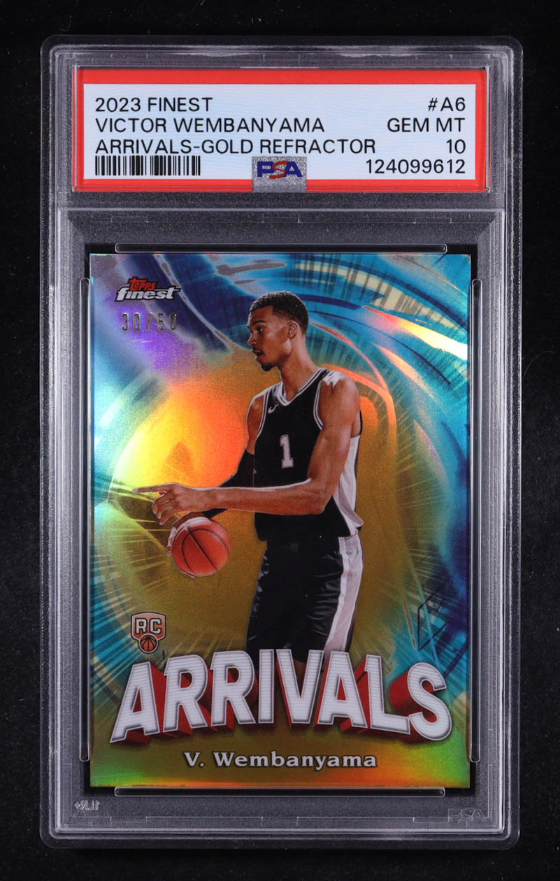 Victor Wembanyama 2023-24 Topps Finest Arrivals Gold Refractor #A-6 RC #30/50 (PSA 10) at PristineAuction.com Victor Wembanyama 2023-24 Topps Finest Arrivals Gold Refractor #A-6 RC #30/50 (PSA 10) at PristineAuction.com