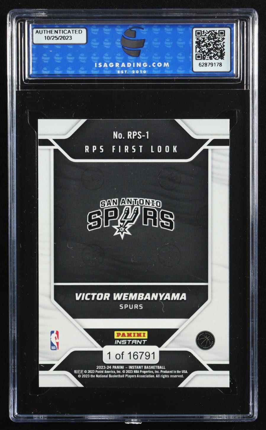 Victor Wembanyama 2023-24 Panini Instant RPS First Look #RPS1 RC (ISA 10) at PristineAuction.com Victor Wembanyama 2023-24 Panini Instant RPS First Look #RPS1 RC (ISA 10) at PristineAuction.com