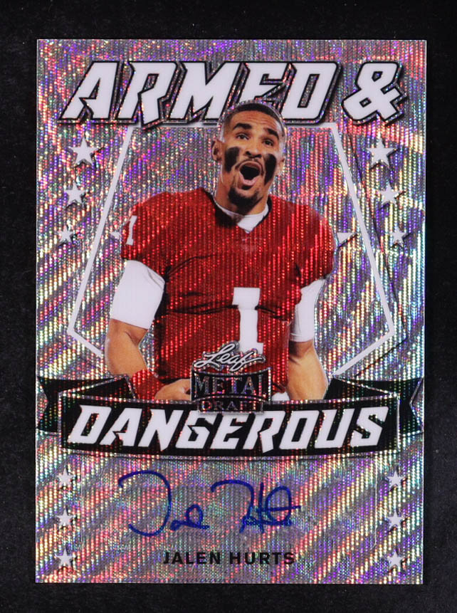 Jalen Hurts 2020 Leaf Metal Draft Armed and Dangerous Prismatic Wave Silver #ADJH1 #33/50 RC at PristineAuction.com Jalen Hurts 2020 Leaf Metal Draft Armed and Dangerous Prismatic Wave Silver #ADJH1 #33/50 RC at PristineAuction.com