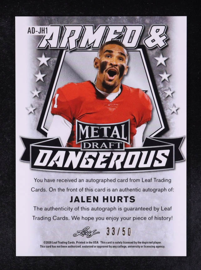 Jalen Hurts 2020 Leaf Metal Draft Armed and Dangerous Prismatic Wave Silver #ADJH1 #33/50 RC at PristineAuction.com Jalen Hurts 2020 Leaf Metal Draft Armed and Dangerous Prismatic Wave Silver #ADJH1 #33/50 RC at PristineAuction.com