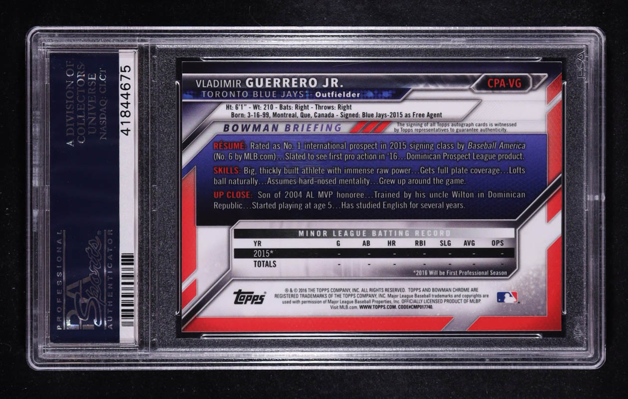 Vladimir Guerrero Jr. 2016 Bowman Chrome Prospect Autograph #CPA-VG RC (PSA 10) at PristineAuction.com Vladimir Guerrero Jr. 2016 Bowman Chrome Prospect Autograph #CPA-VG RC (PSA 10) at PristineAuction.com