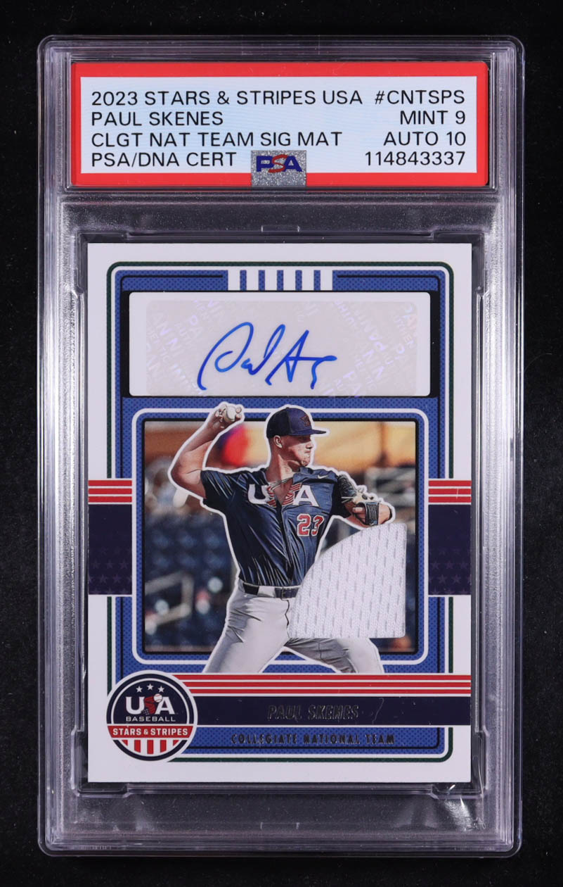 Paul Skenes 2023 Stars & Stripes USA Collegiate National Team Signatures Materials #CNTS-PS RC (PSA 9 | Autograph Graded PSA 10) at PristineAuction.com Paul Skenes 2023 Stars & Stripes USA Collegiate National Team Signatures Materials #CNTS-PS RC (PSA 9 | Autograph Graded PSA 10) at PristineAuction.com