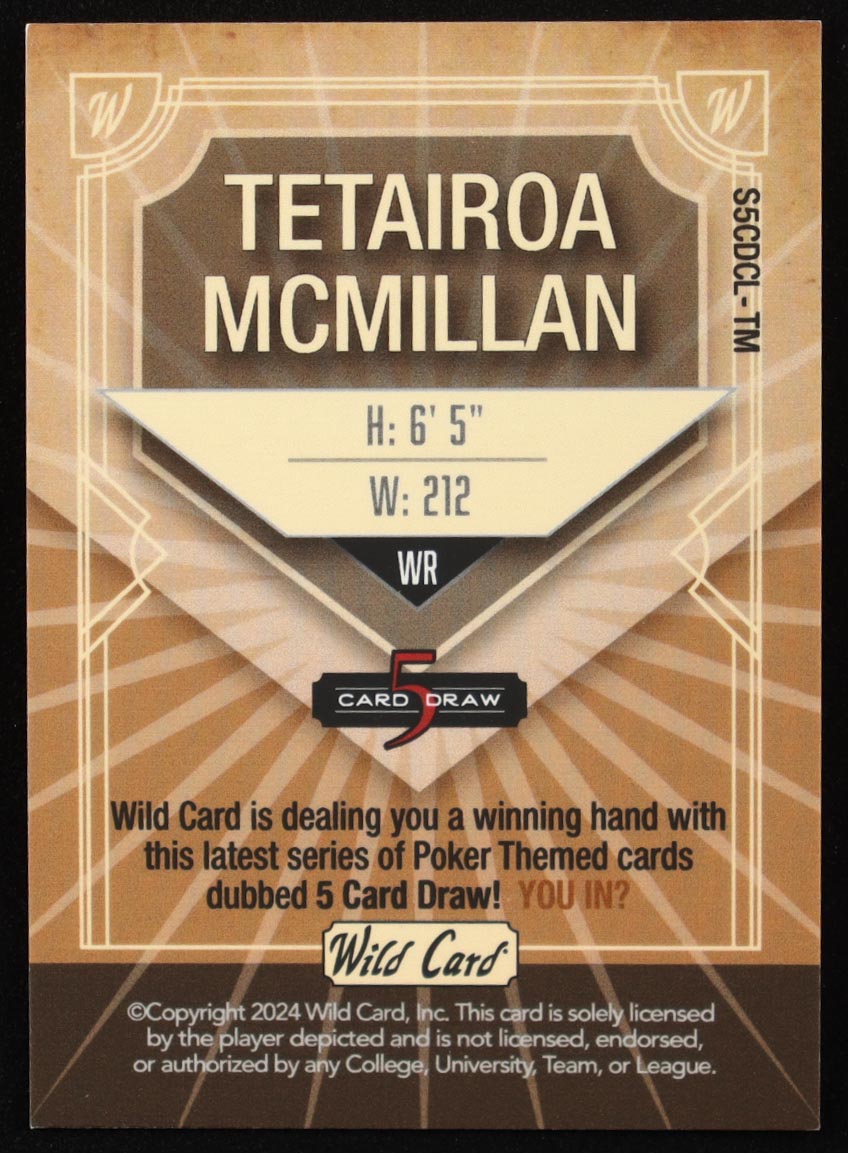 Tetairoa McMillan 2024 Wild Card 5 Card Draw Turquoise Foil #S5CDCLTM #2/3 RC at PristineAuction.com Tetairoa McMillan 2024 Wild Card 5 Card Draw Turquoise Foil #S5CDCLTM #2/3 RC at PristineAuction.com