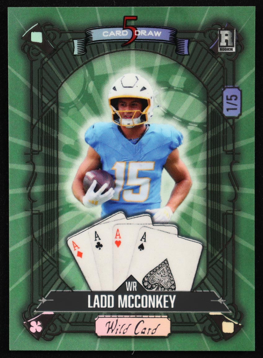 Ladd McConkey 2024 Wild Card 5 Card Draw 4 Aces Multicolor Silver Foil #S5CDCLM #1/5 RC at PristineAuction.com Ladd McConkey 2024 Wild Card 5 Card Draw 4 Aces Multicolor Silver Foil #S5CDCLM #1/5 RC at PristineAuction.com