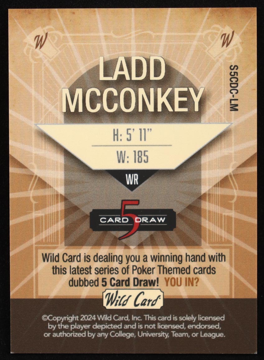 Ladd McConkey 2024 Wild Card 5 Card Draw 4 Aces Multicolor Silver Foil #S5CDCLM #1/5 RC at PristineAuction.com Ladd McConkey 2024 Wild Card 5 Card Draw 4 Aces Multicolor Silver Foil #S5CDCLM #1/5 RC at PristineAuction.com