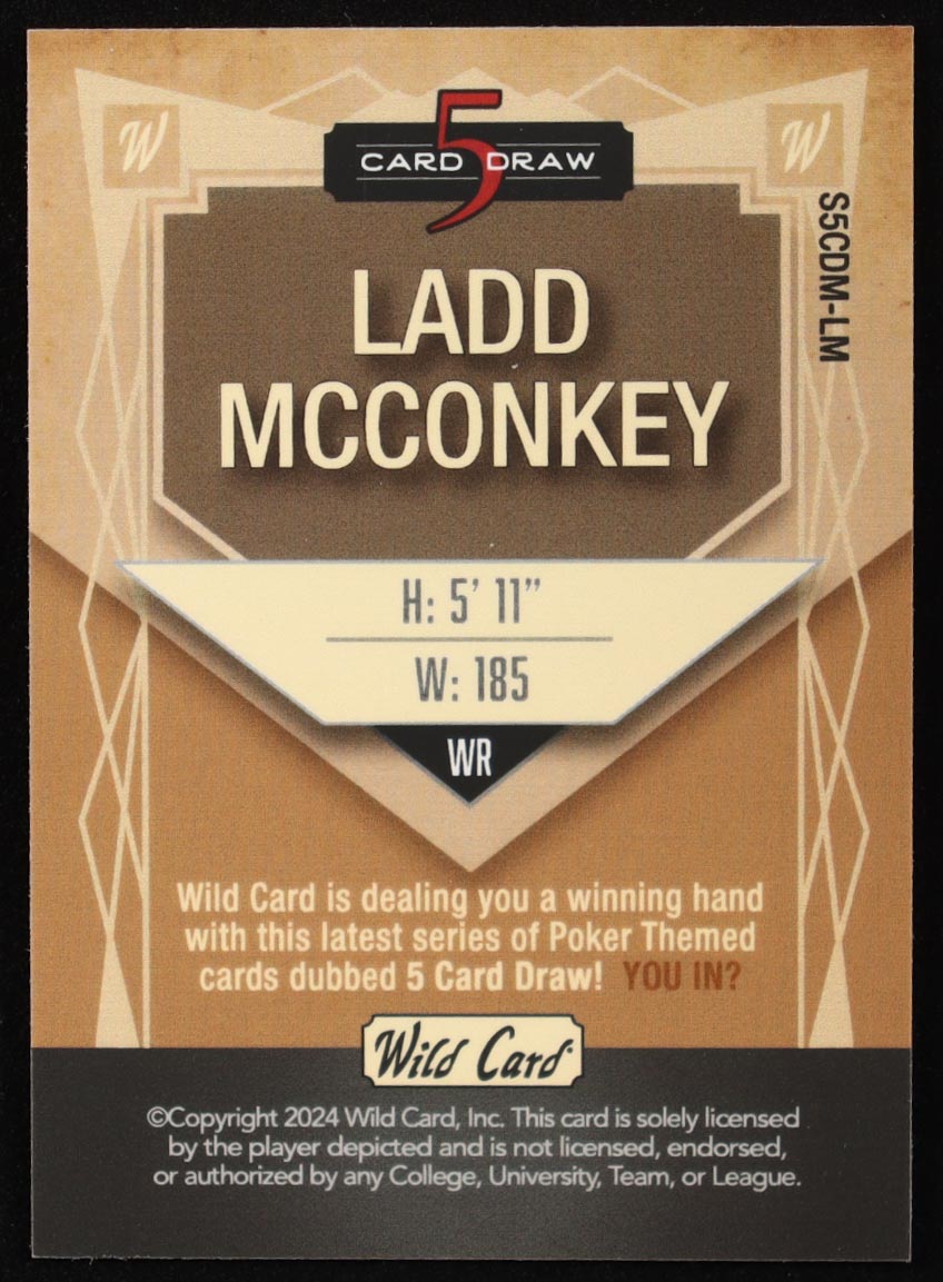 Ladd McConkey 2024 Wild Card 5 Card Draw Silver Holo Foil #S5CDMLM #1/3 RC at PristineAuction.com Ladd McConkey 2024 Wild Card 5 Card Draw Silver Holo Foil #S5CDMLM #1/3 RC at PristineAuction.com
