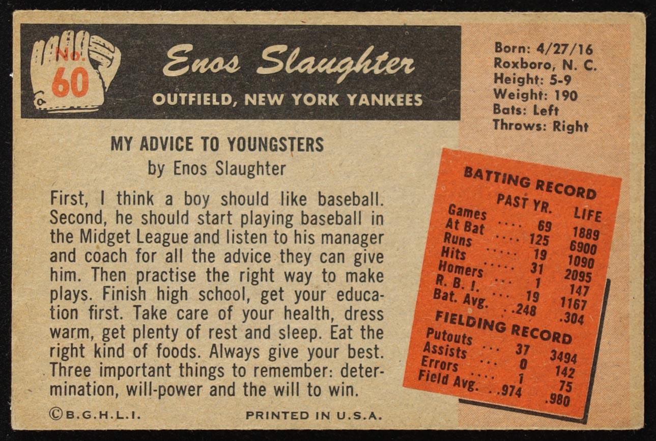 Enos Slaughter 1955 Bowman #60 at PristineAuction.com Enos Slaughter 1955 Bowman #60 at PristineAuction.com