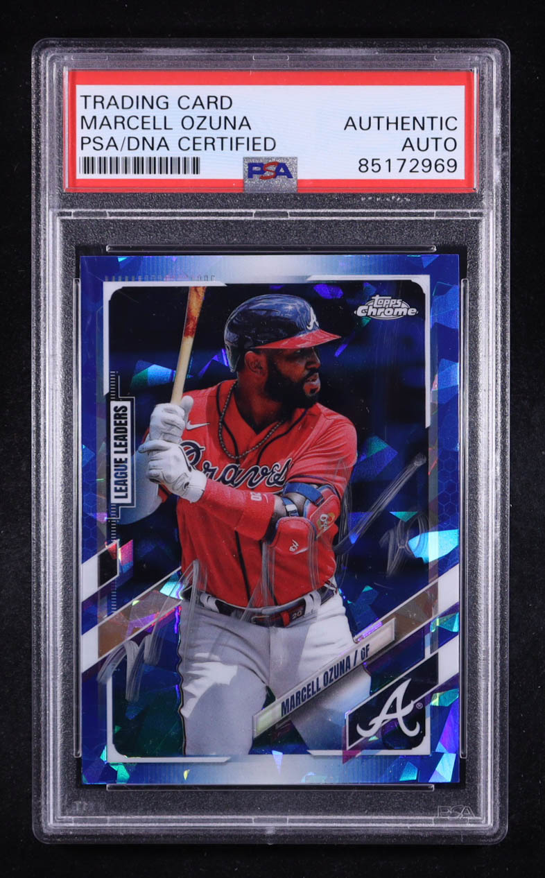 Marcell Ozuna Signed 2021 Topps Chrome Sapphire League Leaders #220 (PSA) at PristineAuction.com Marcell Ozuna Signed 2021 Topps Chrome Sapphire League Leaders #220 (PSA) at PristineAuction.com