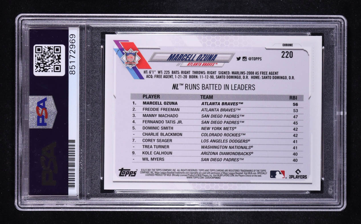 Marcell Ozuna Signed 2021 Topps Chrome Sapphire League Leaders #220 (PSA) at PristineAuction.com Marcell Ozuna Signed 2021 Topps Chrome Sapphire League Leaders #220 (PSA) at PristineAuction.com
