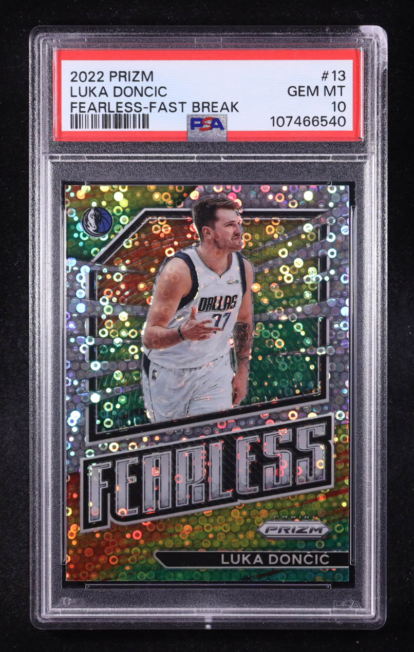Luka Doncic 2022-23 Panini Prizm Fearless Prizms Fast Break #13 (PSA 10) at PristineAuction.com Luka Doncic 2022-23 Panini Prizm Fearless Prizms Fast Break #13 (PSA 10) at PristineAuction.com