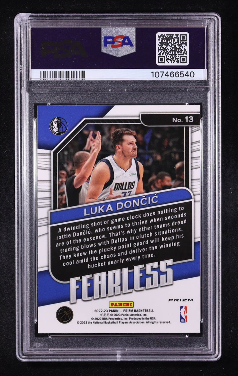 Luka Doncic 2022-23 Panini Prizm Fearless Prizms Fast Break #13 (PSA 10) at PristineAuction.com Luka Doncic 2022-23 Panini Prizm Fearless Prizms Fast Break #13 (PSA 10) at PristineAuction.com