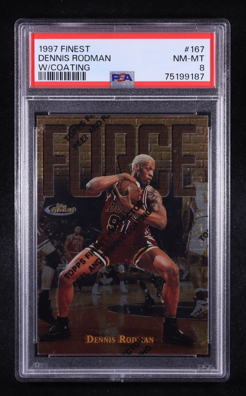 Dennis Rodman 1997 Topps Finest Force W/Coating #167 (PSA 8) at PristineAuction.com Dennis Rodman 1997 Topps Finest Force W/Coating #167 (PSA 8) at PristineAuction.com