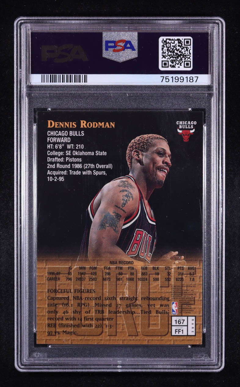 Dennis Rodman 1997 Topps Finest Force W/Coating #167 (PSA 8) at PristineAuction.com Dennis Rodman 1997 Topps Finest Force W/Coating #167 (PSA 8) at PristineAuction.com