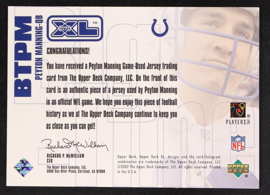 Peyton Manning 2002 Upper Deck XL Big Time Jerseys #BTPM #246/500 at PristineAuction.com Peyton Manning 2002 Upper Deck XL Big Time Jerseys #BTPM #246/500 at PristineAuction.com
