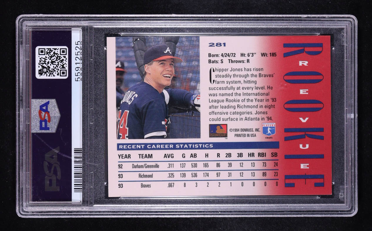 Chipper Jones 1994 Donruss Triple Play #281 RC (PSA 8) at PristineAuction.com Chipper Jones 1994 Donruss Triple Play #281 RC (PSA 8) at PristineAuction.com