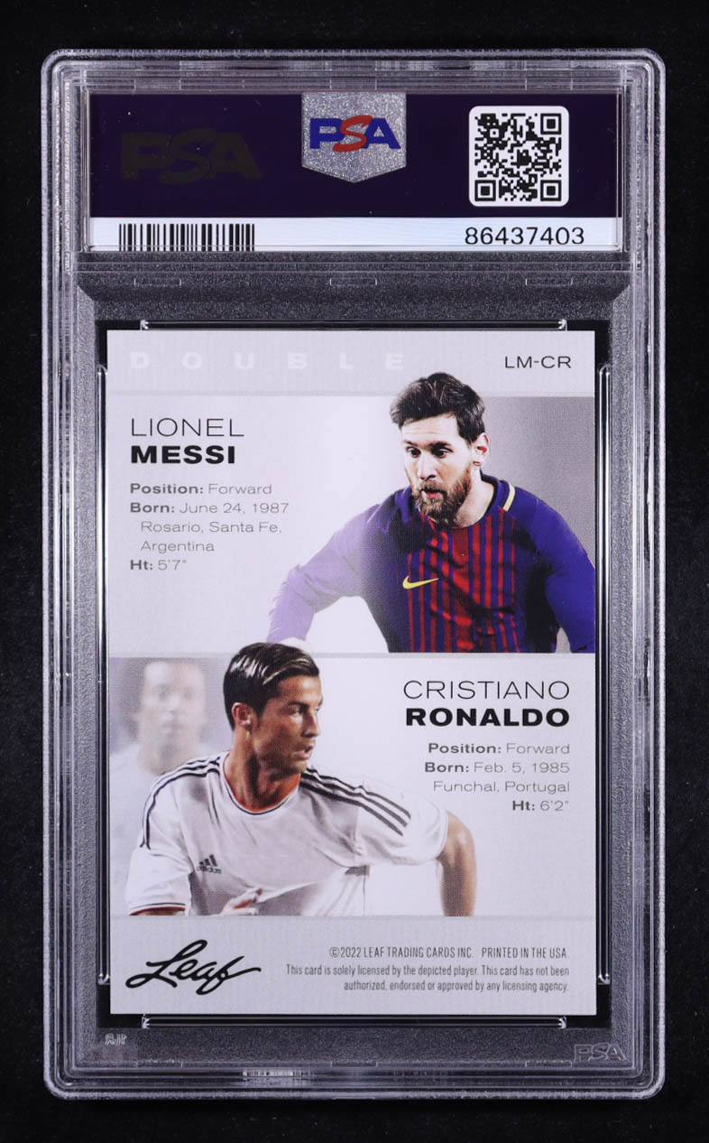 Lionel Messi / Cristiano Ronaldo 2022 Leaf Multi-Sport Special Release Exclusive Legends Edition Double #LM-CR (PSA 10) at PristineAuction.com Lionel Messi / Cristiano Ronaldo 2022 Leaf Multi-Sport Special Release Exclusive Legends Edition Double #LM-CR (PSA 10) at PristineAuction.com