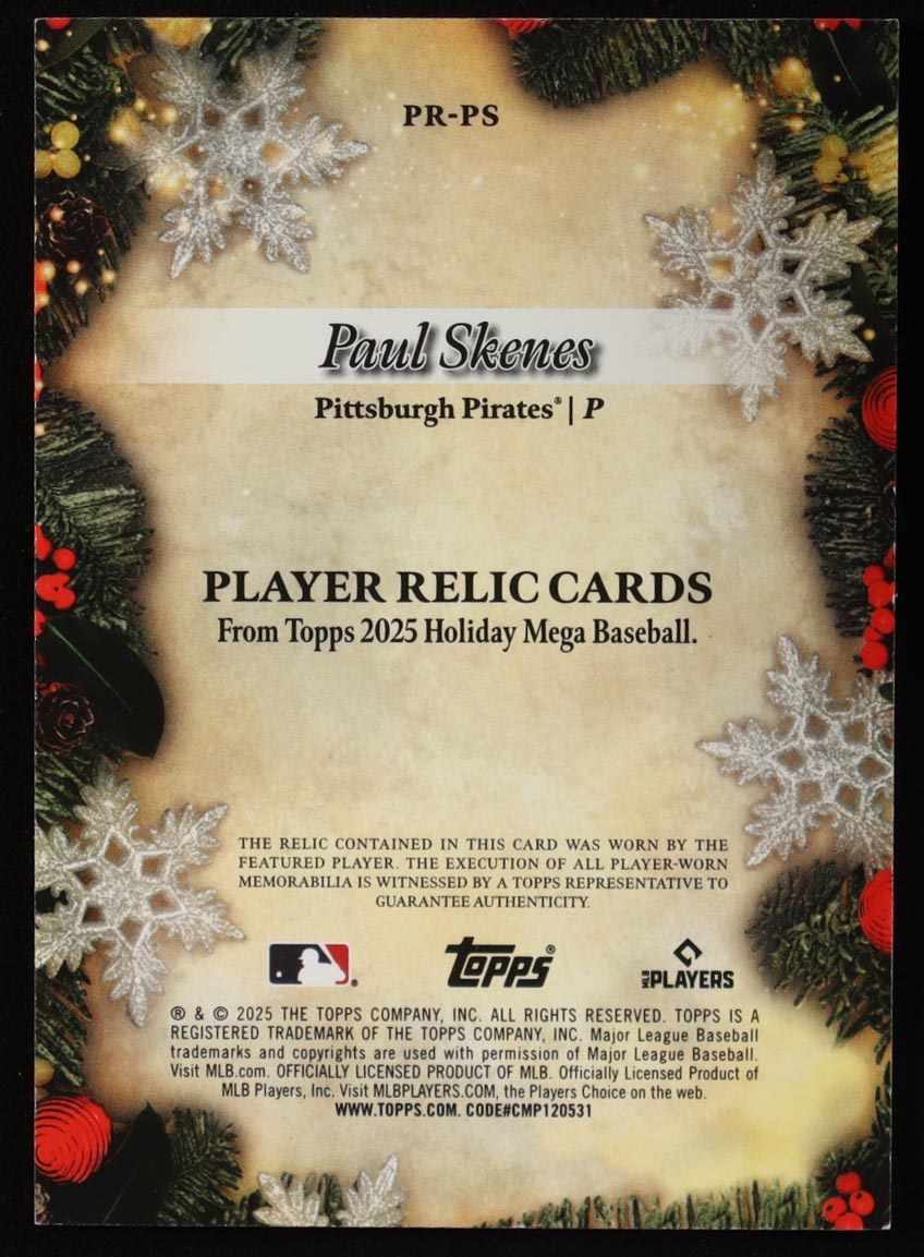 Paul Skenes 2025 Topps Holiday Player Relics #PRPS at PristineAuction.com Paul Skenes 2025 Topps Holiday Player Relics #PRPS at PristineAuction.com