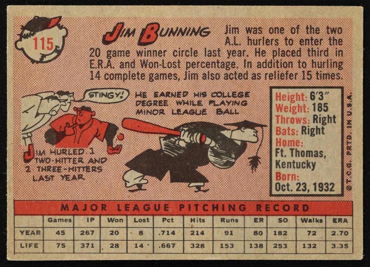 Jim Bunning 1958 Topps #115 at PristineAuction.com Jim Bunning 1958 Topps #115 at PristineAuction.com