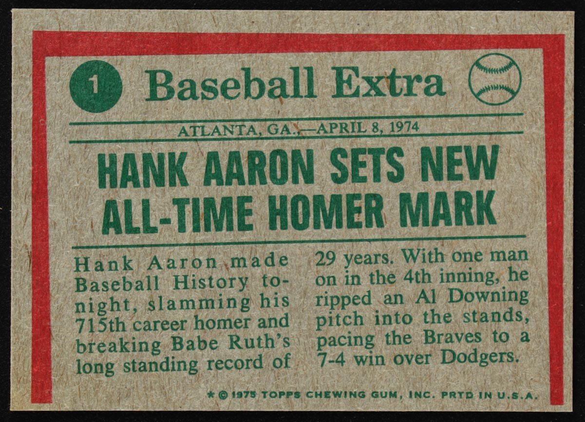 Hank Aaron 1975 Topps #1 HL /Sets Homer Mark at PristineAuction.com Hank Aaron 1975 Topps #1 HL /Sets Homer Mark at PristineAuction.com