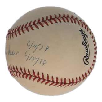 Johnny Vander Meer Signed ONL Baseball Inscribed "6/11/38" & "6/15/38" (JSA) at PristineAuction.com Johnny Vander Meer Signed ONL Baseball Inscribed "6/11/38" & "6/15/38" (JSA) at PristineAuction.com