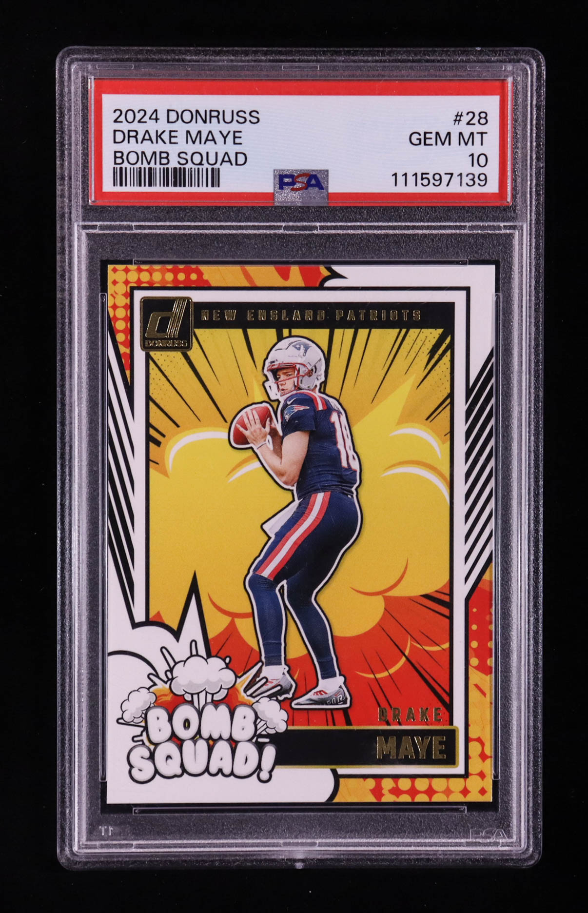Drake Maye 2024 Panini Donruss Bomb Squad #28 RC (PSA 10) at PristineAuction.com Drake Maye 2024 Panini Donruss Bomb Squad #28 RC (PSA 10) at PristineAuction.com