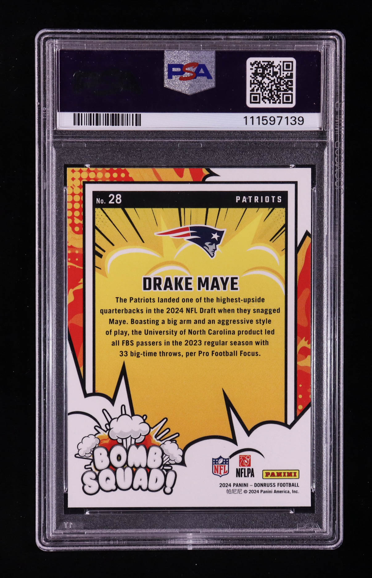 Drake Maye 2024 Panini Donruss Bomb Squad #28 RC (PSA 10) at PristineAuction.com Drake Maye 2024 Panini Donruss Bomb Squad #28 RC (PSA 10) at PristineAuction.com
