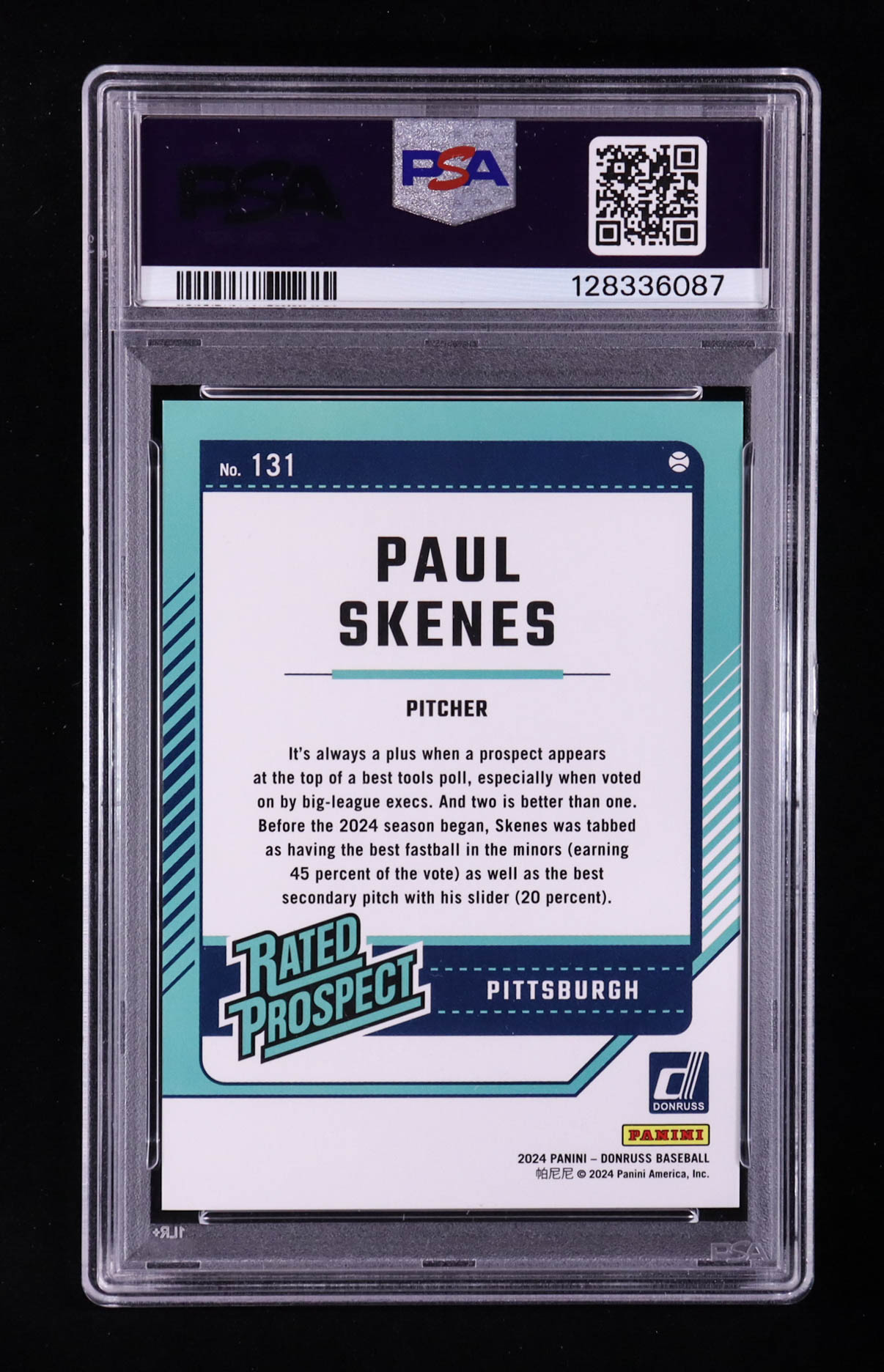 Paul Skenes 2024 Panini Donruss Carolina Blue Lazer Rated Prospect #28 RC #135/249 (PSA 10) at PristineAuction.com Paul Skenes 2024 Panini Donruss Carolina Blue Lazer Rated Prospect #28 RC #135/249 (PSA 10) at PristineAuction.com