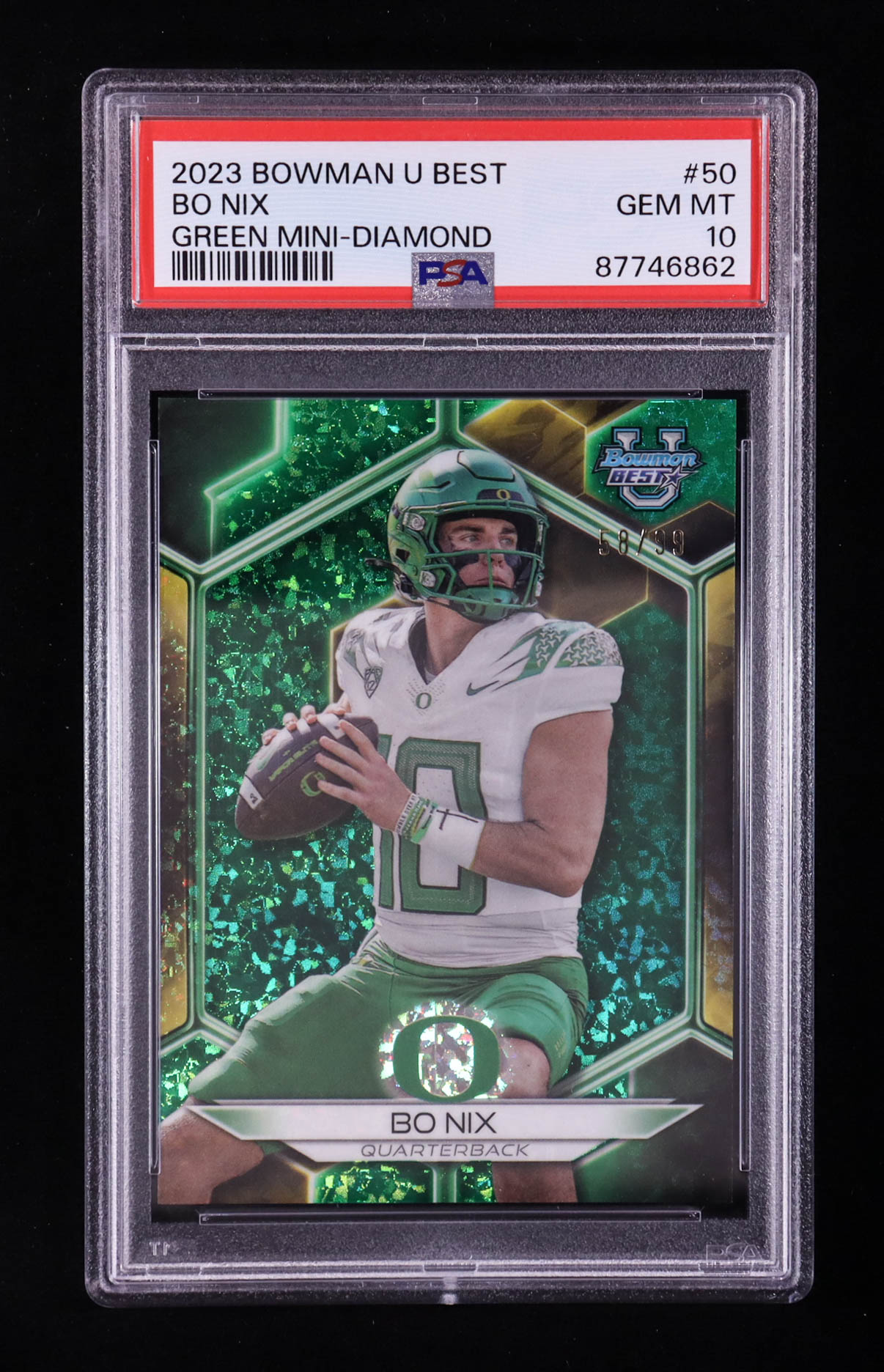 Bo Nix 2023 Bowman U Best Green Mini-Diamond #50 RC #58/99 (PSA 10) at PristineAuction.com Bo Nix 2023 Bowman U Best Green Mini-Diamond #50 RC #58/99 (PSA 10) at PristineAuction.com