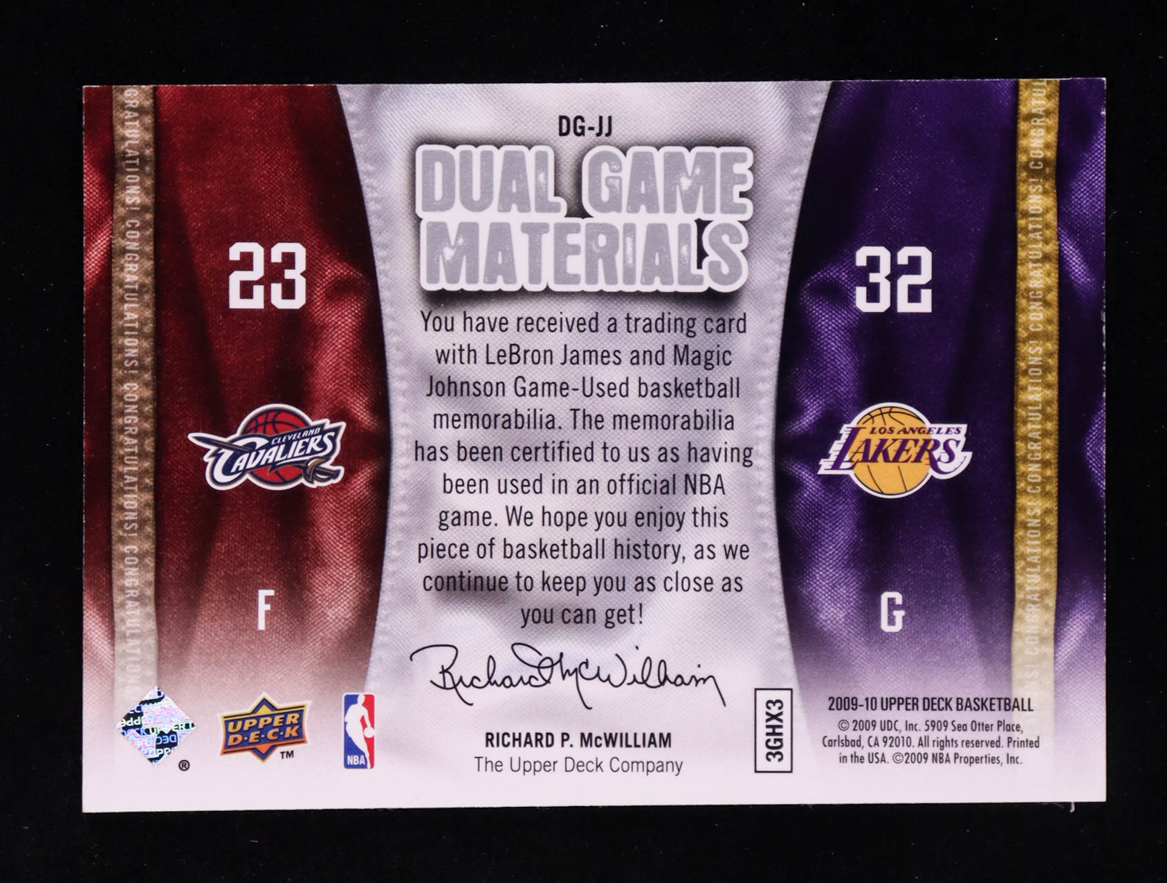 LeBron James / Magic Johnson 2009-10 Upper Deck Game Materials Dual #DGJJ at PristineAuction.com LeBron James / Magic Johnson 2009-10 Upper Deck Game Materials Dual #DGJJ at PristineAuction.com