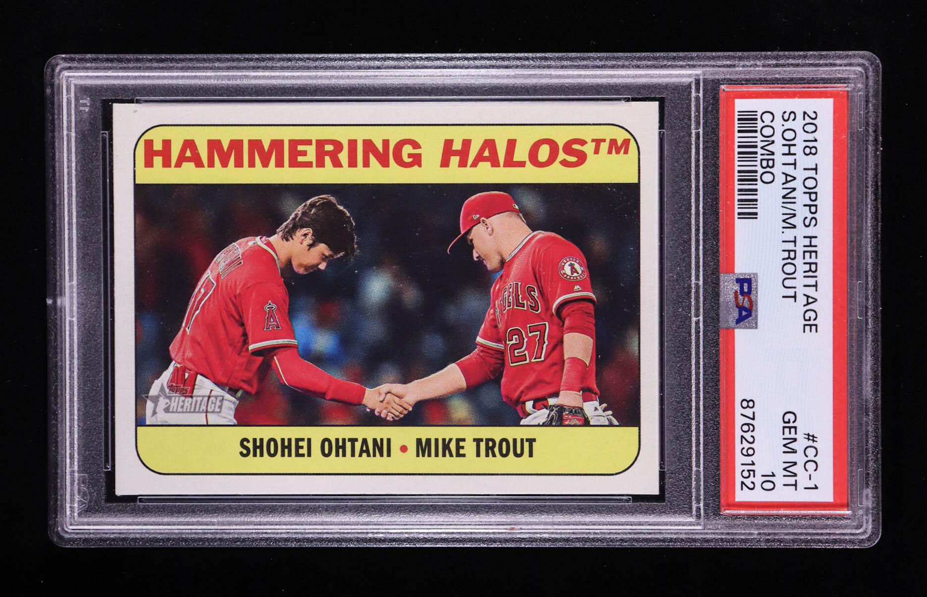Shohei Ohtani / Mike Trout 2018 Topps Heritage Combo Cards Hammering Halos #CC-1 RC (PSA 10) at PristineAuction.com Shohei Ohtani / Mike Trout 2018 Topps Heritage Combo Cards Hammering Halos #CC-1 RC (PSA 10) at PristineAuction.com