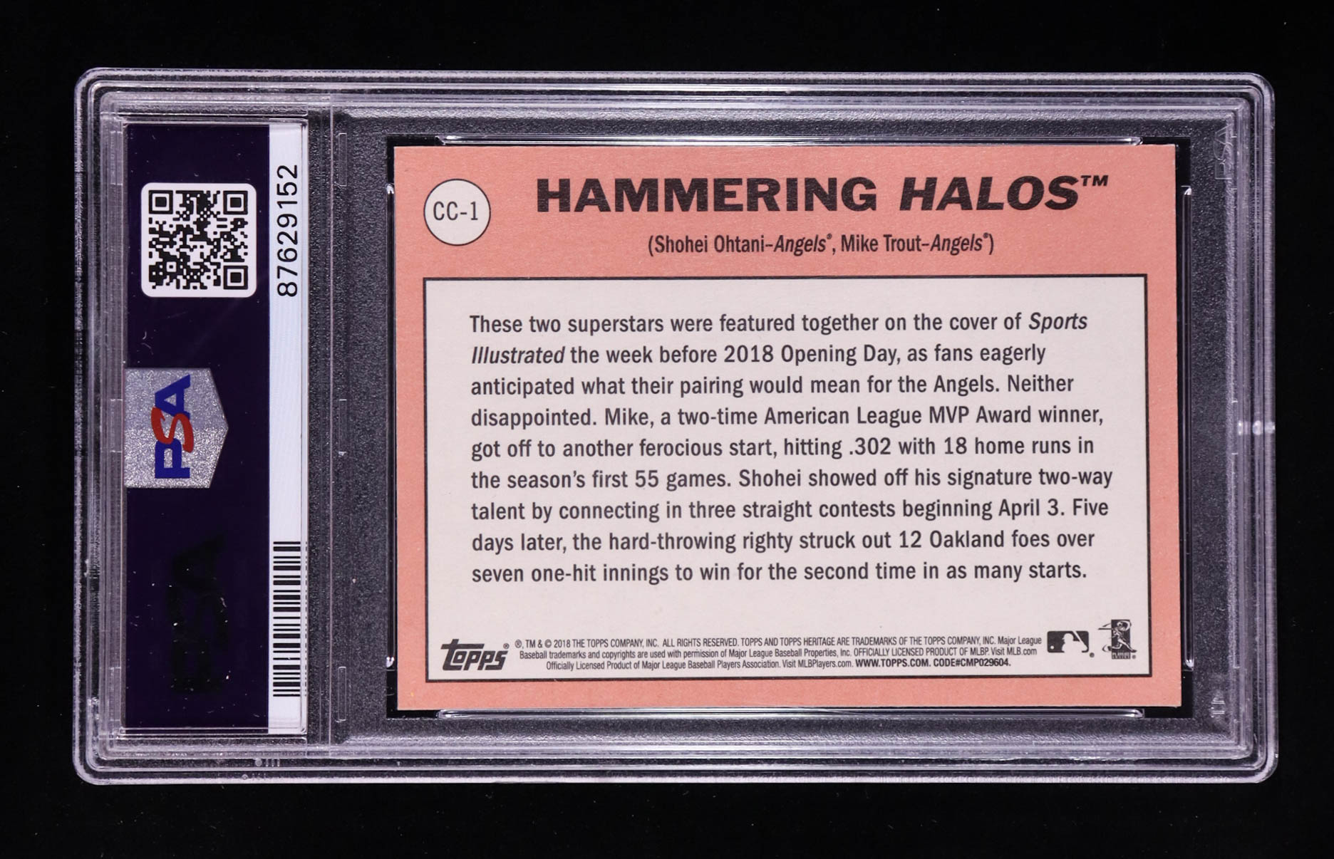 Shohei Ohtani / Mike Trout 2018 Topps Heritage Combo Cards Hammering Halos #CC-1 RC (PSA 10) at PristineAuction.com Shohei Ohtani / Mike Trout 2018 Topps Heritage Combo Cards Hammering Halos #CC-1 RC (PSA 10) at PristineAuction.com