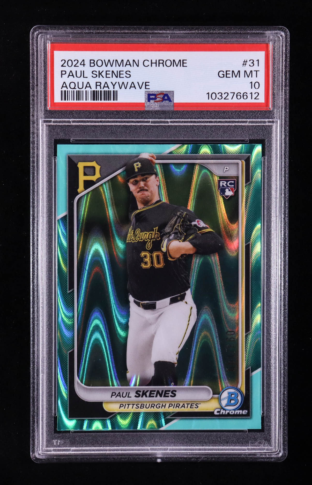 Paul Skenes 2024 Bowman Chrome Aqua Raywave #31 RC #093/199 (PSA 10) at PristineAuction.com Paul Skenes 2024 Bowman Chrome Aqua Raywave #31 RC #093/199 (PSA 10) at PristineAuction.com
