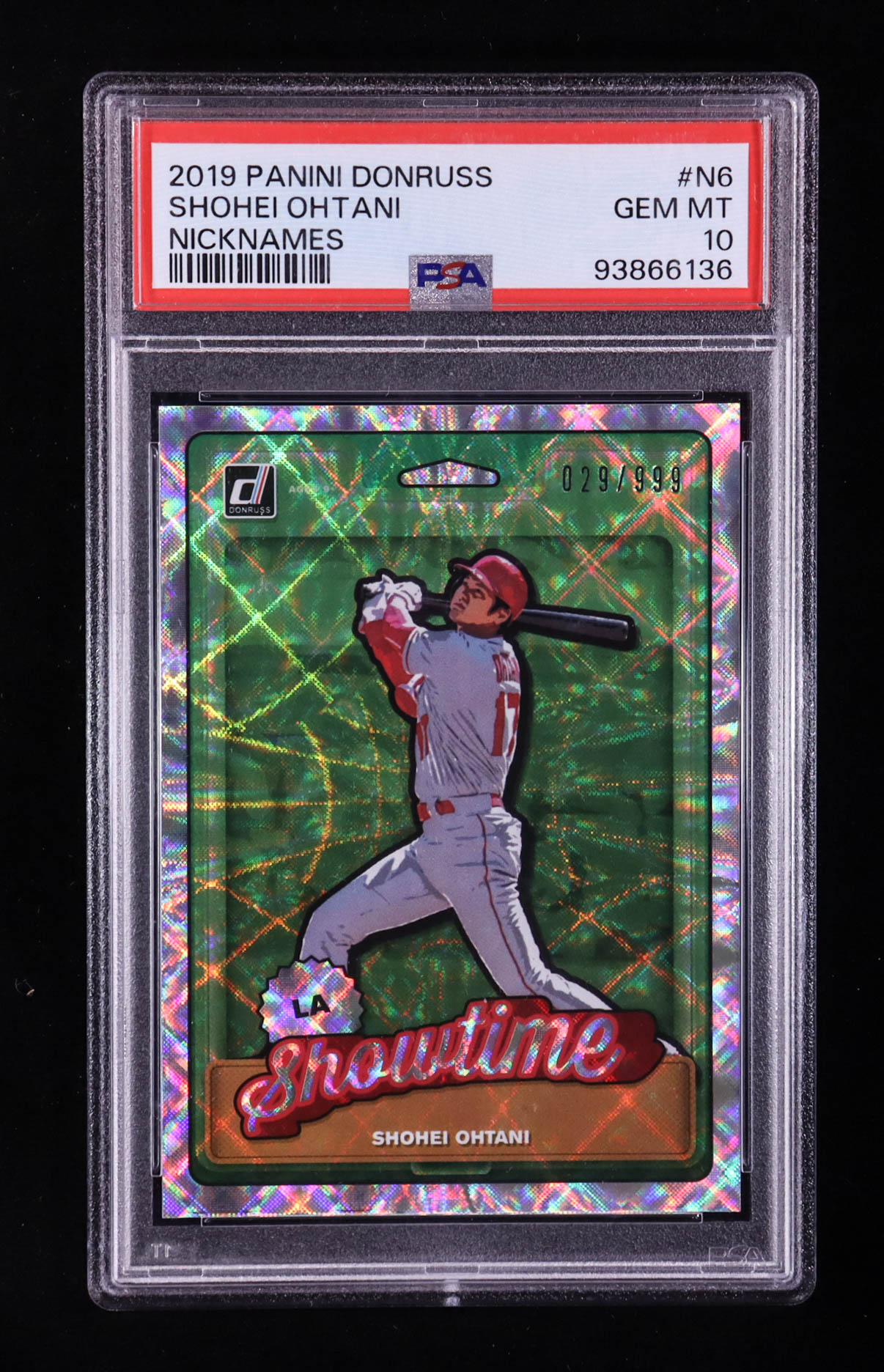 Shohei Ohtani 2019 Panini Donruss Nicknames Showtime #N-6 #029/999 (PSA 10) at PristineAuction.com Shohei Ohtani 2019 Panini Donruss Nicknames Showtime #N-6 #029/999 (PSA 10) at PristineAuction.com